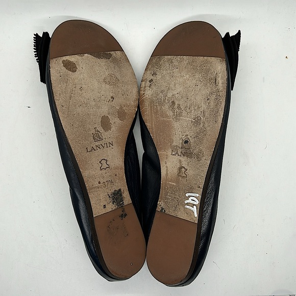 Lanvin Paris Navy Blue Leather Black Bow Ballet Flats Shoes **Size 37.5/US 5.5** - Picture 7 of 7